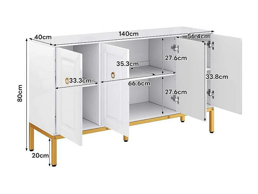 Buffet 140x40x80cm - 4 Türen - mit verstellbaren Regalen - Weiß + Gold