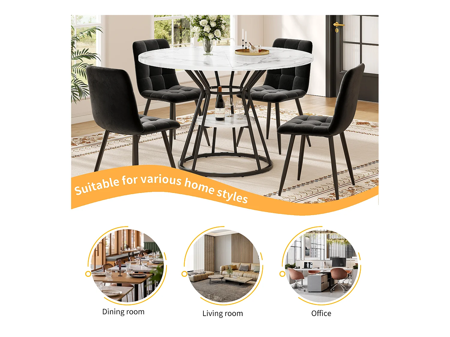 Runder Esstisch - Küchentisch - 100x100x76cm - Metallfüße - Moderner Stil - Marmormuster - schwarz