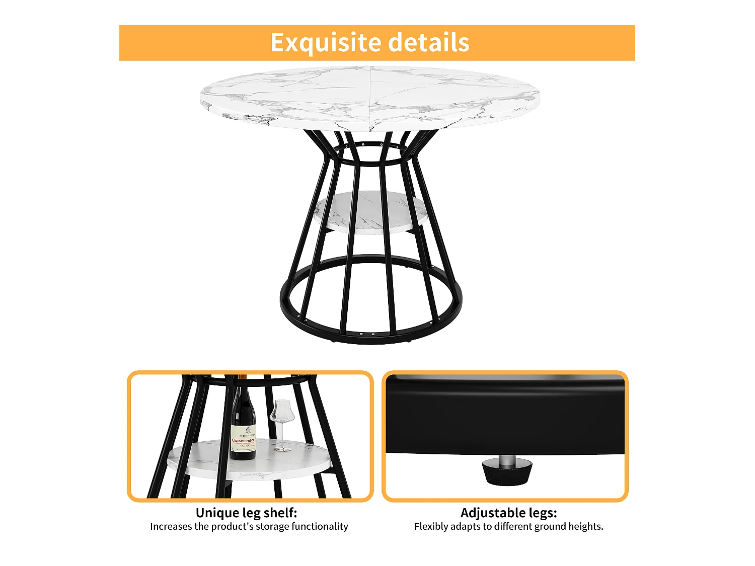 Runder Esstisch - Küchentisch - 100x100x76cm - Metallfüße - Moderner Stil - Marmormuster - schwarz