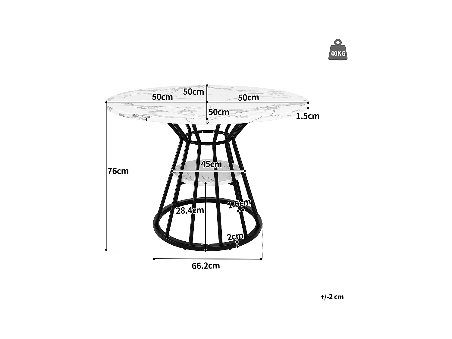 Runder Esstisch - Küchentisch - 100x100x76cm - Metallfüße - Moderner Stil - Marmormuster - schwarz