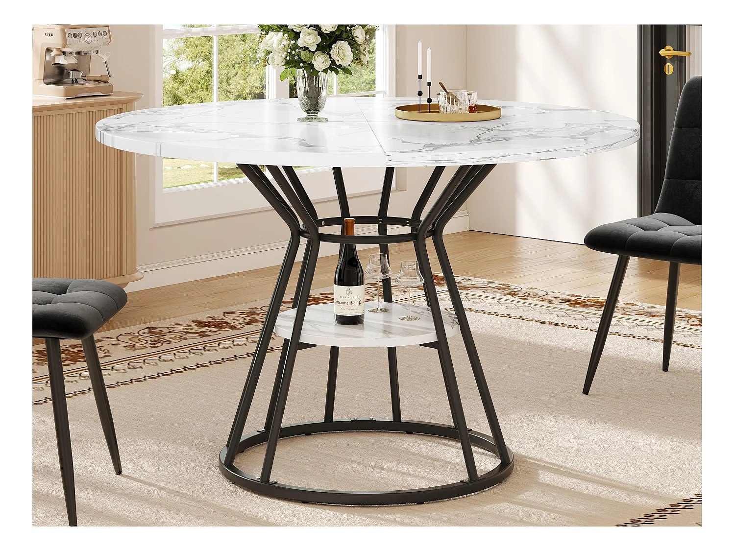 Table à manger ronde - table de cuisine - 100x100x76cm - pieds en métal - Style moderne - motif marbre - noir