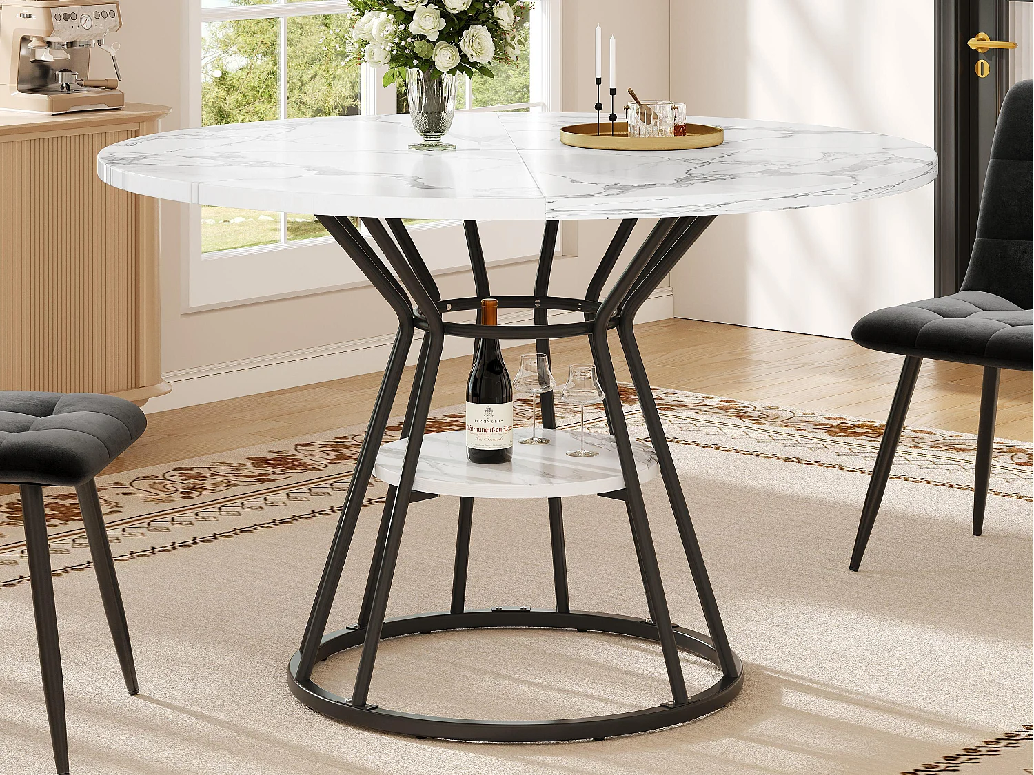 Table à manger ronde - table de cuisine - 100x100x76cm - pieds en métal - Style moderne - motif marbre - noir