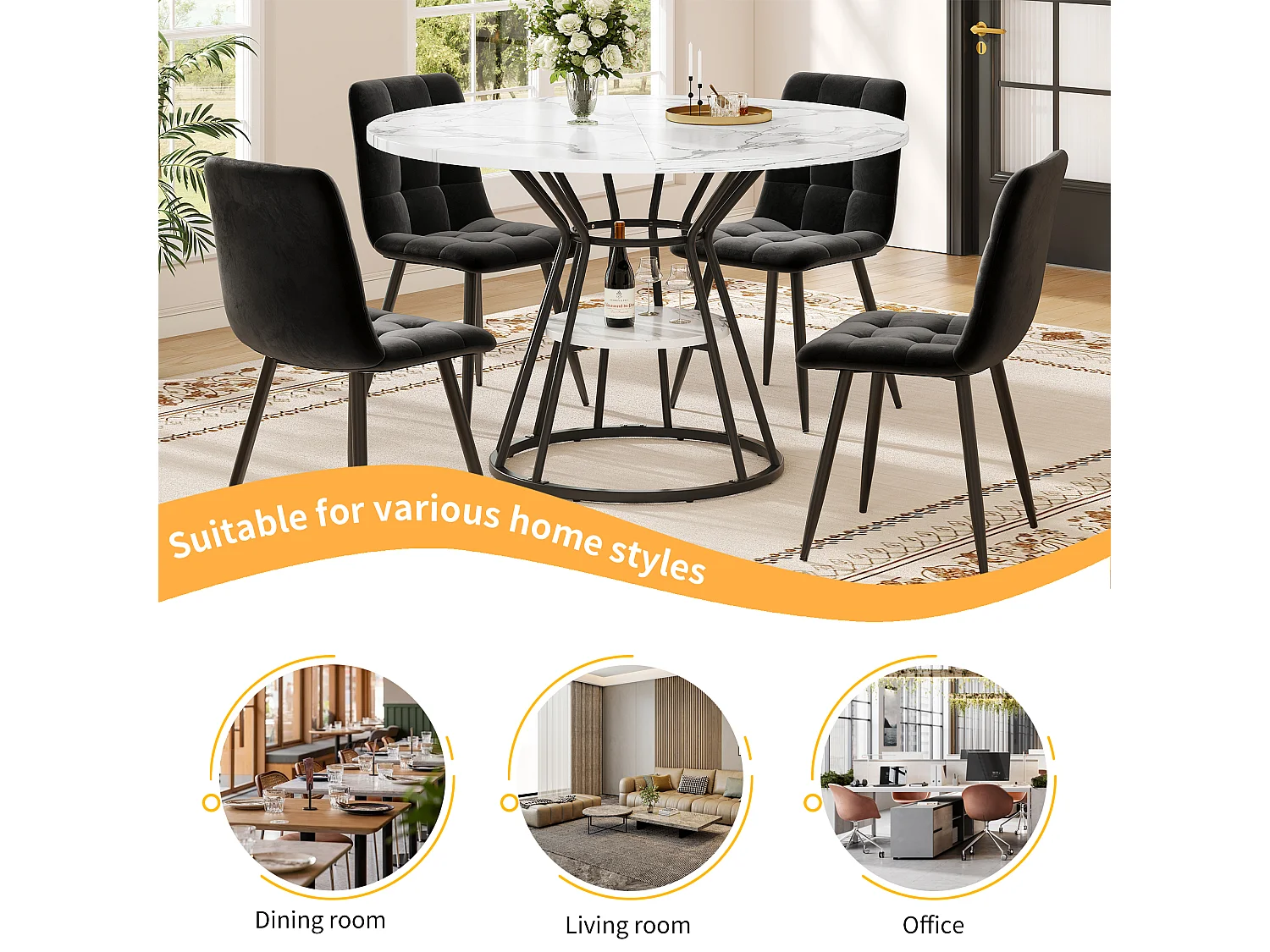 Table à manger ronde - table de cuisine - 100x100x76cm - pieds en métal - Style moderne - motif marbre - noir