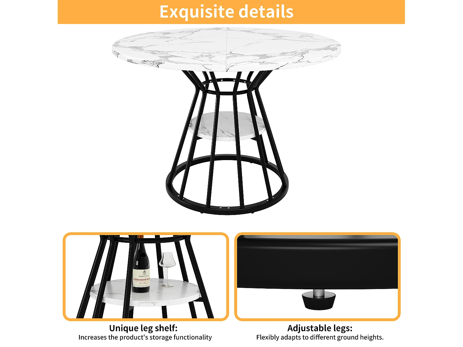 Table à manger ronde - table de cuisine - 100x100x76cm - pieds en métal - Style moderne - motif marbre - noir