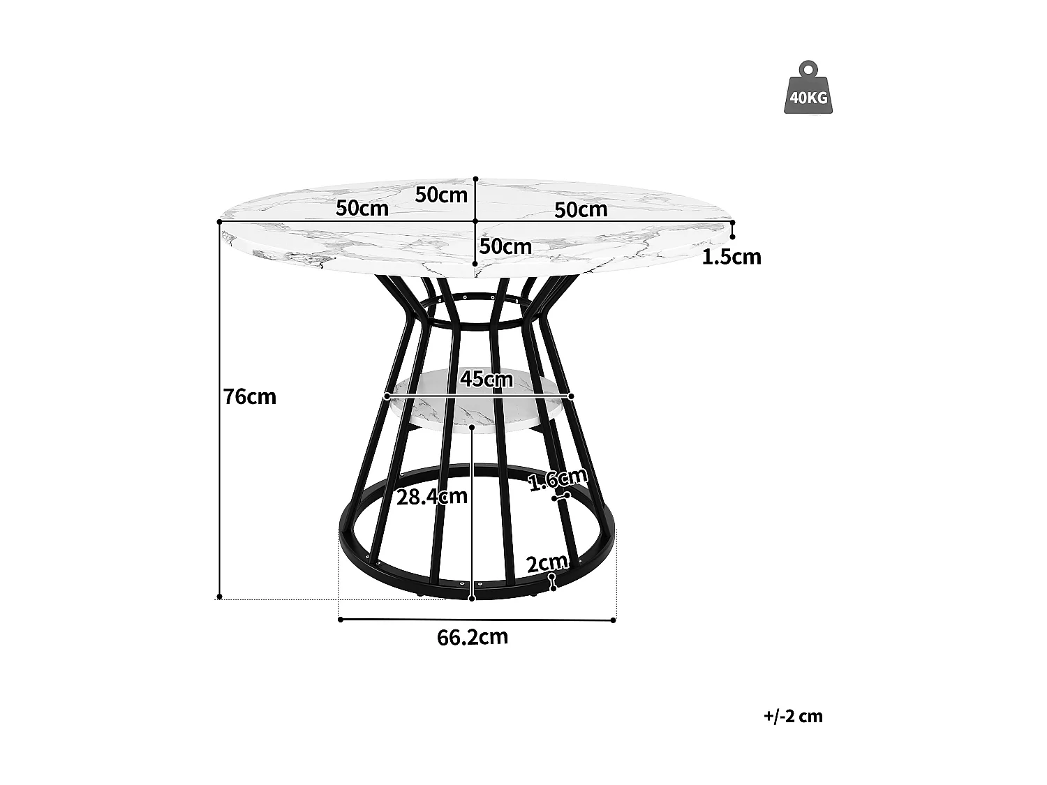 Table à manger ronde - table de cuisine - 100x100x76cm - pieds en métal - Style moderne - motif marbre - noir