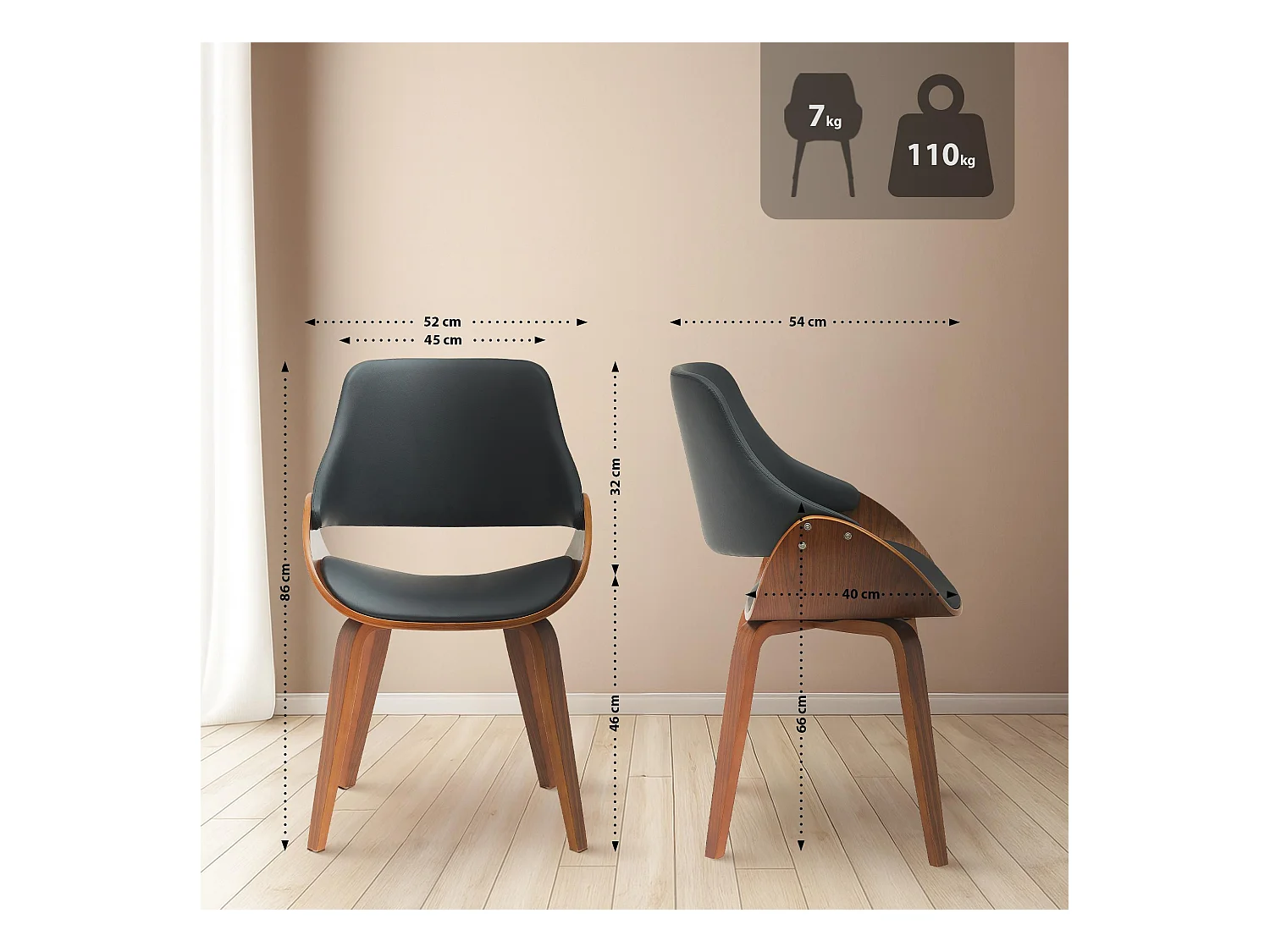 Lot de 2  chaise salle à manger - Similicuir - Noyer / Noir - Vangale