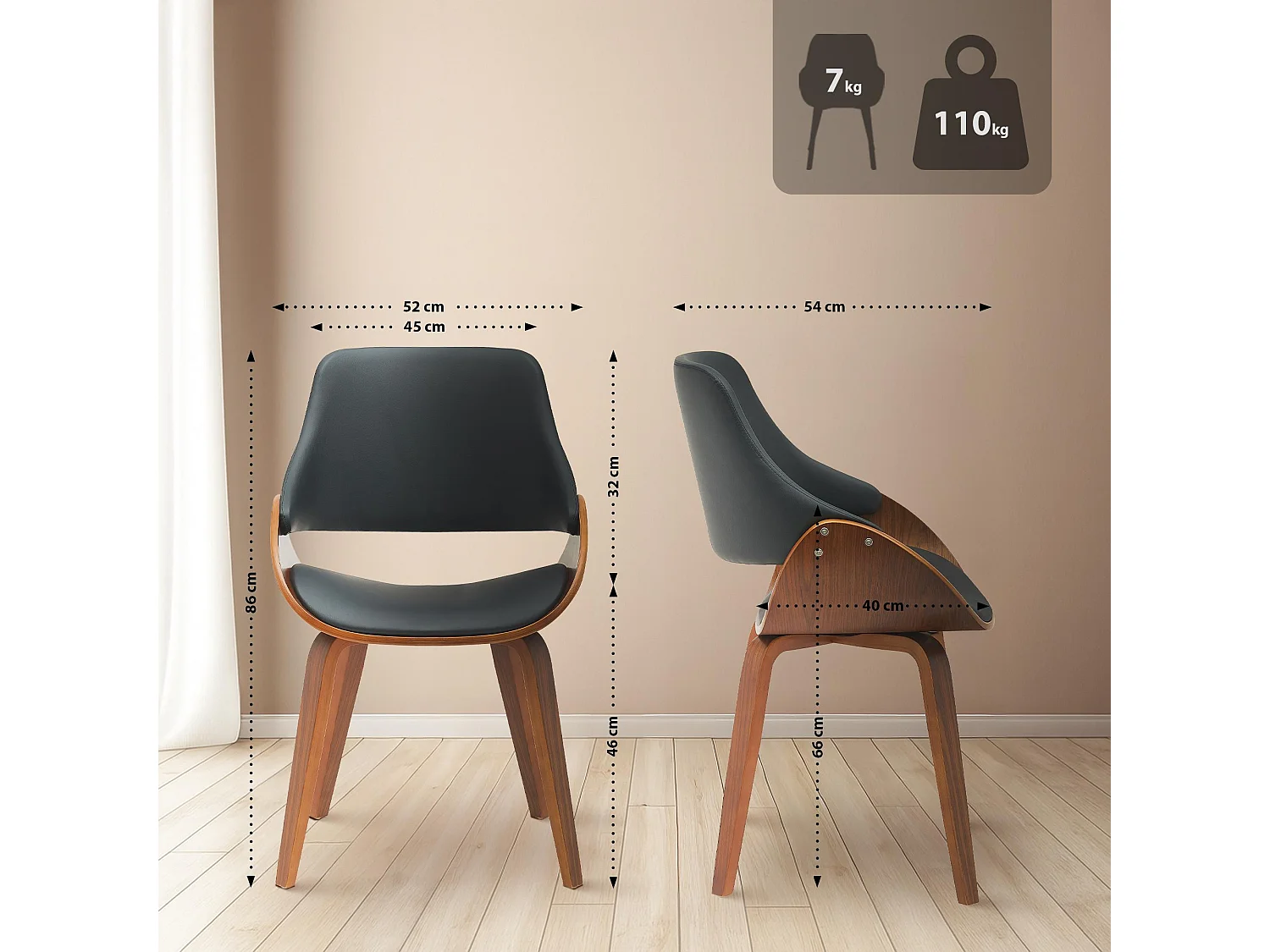 Lot de 2  chaise salle à manger - Similicuir - Noyer / Noir - Vangale