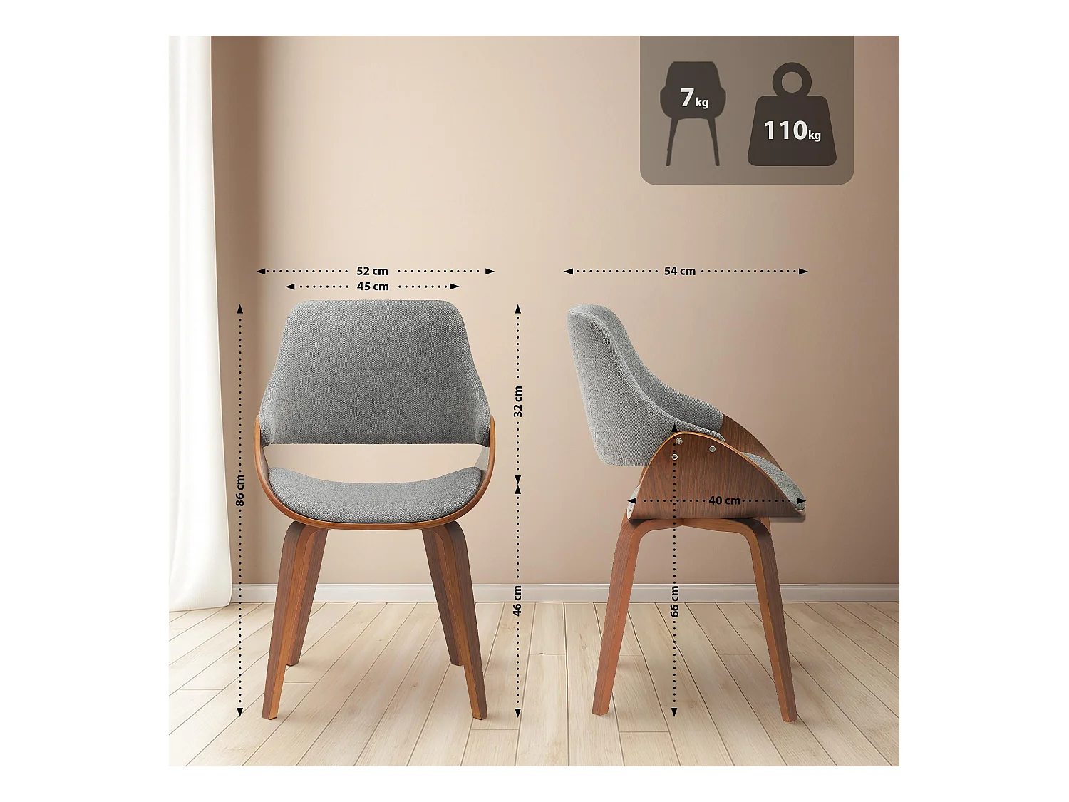 Lot de 2  chaise salle à manger - Tissu - Noyer / Gris foncé - Vangale