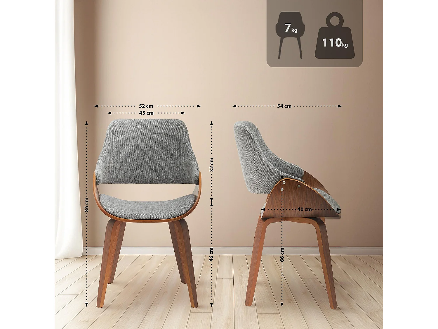 Lot de 2  chaise salle à manger - Tissu - Noyer / Gris foncé - Vangale