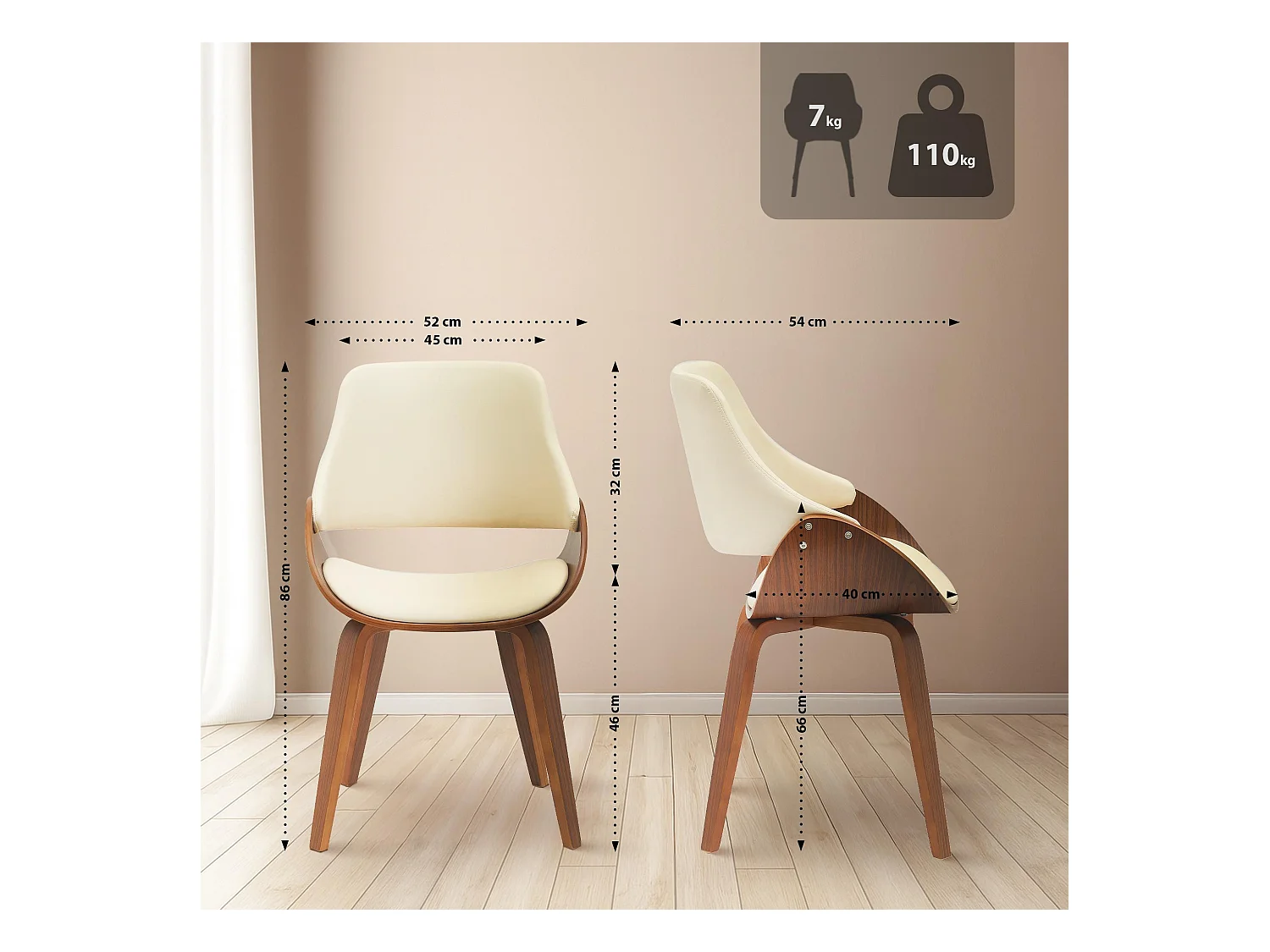 Lot de 2  chaise salle à manger - Similicuir - Noyer / Crème - Vangale