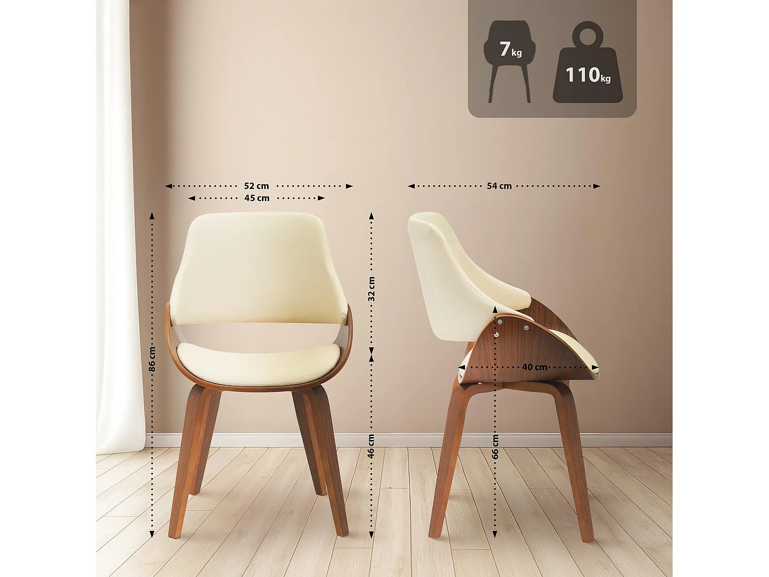 Lot de 2  chaise salle à manger - Similicuir - Noyer / Crème - Vangale