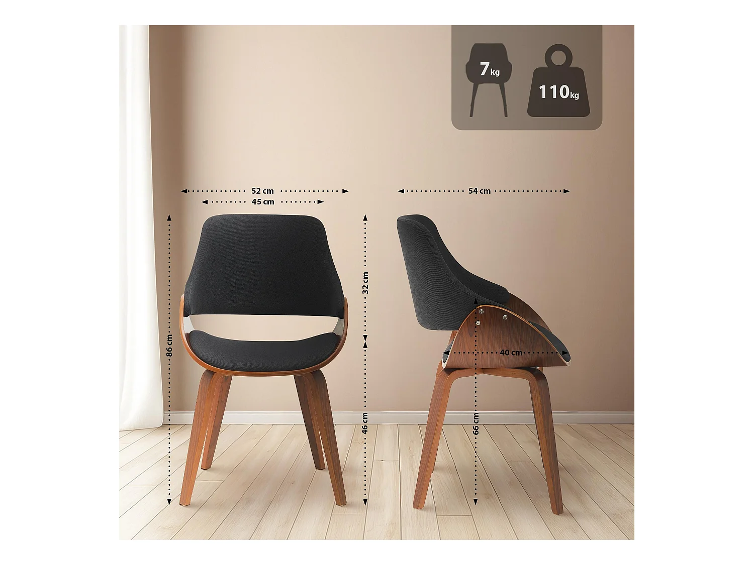 Lot de 2  chaise salle à manger - Tissu - Noyer / Noir - Vangale