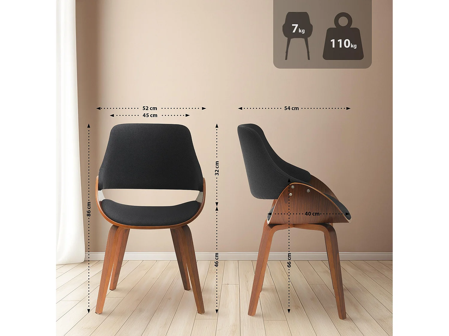 Lot de 2  chaise salle à manger - Tissu - Noyer / Noir - Vangale