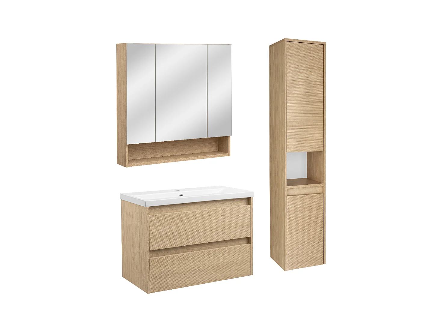 Ensemble pour salle de bain 80 cm Meuble avec lavabo Colonne Meuble avec miroir Façades rainurées Aria