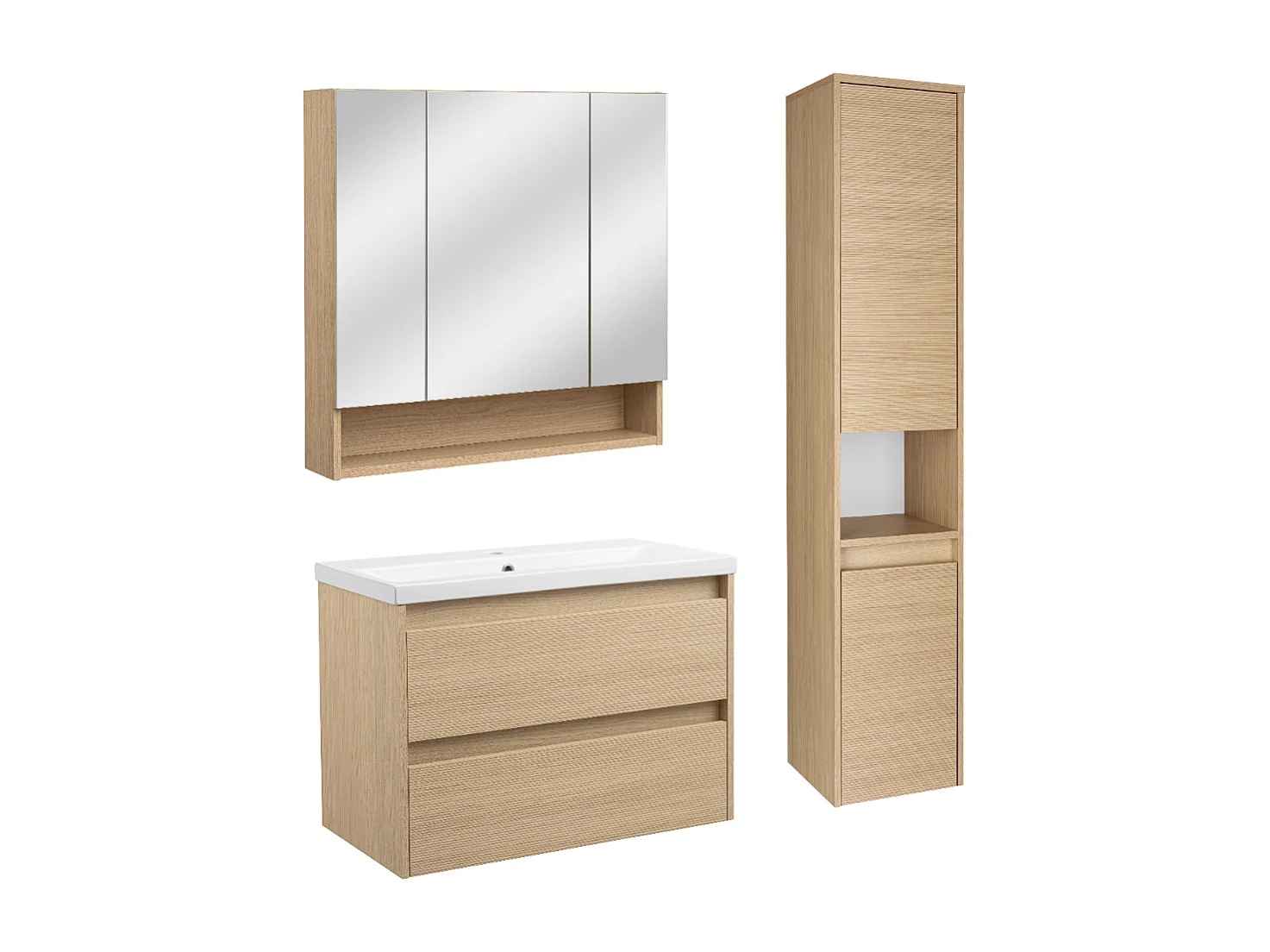 Badezimmer-Set 80 cm Schrank mit Waschbecken Hochschrank Spiegelschrank Geriffelte Fronten Aria