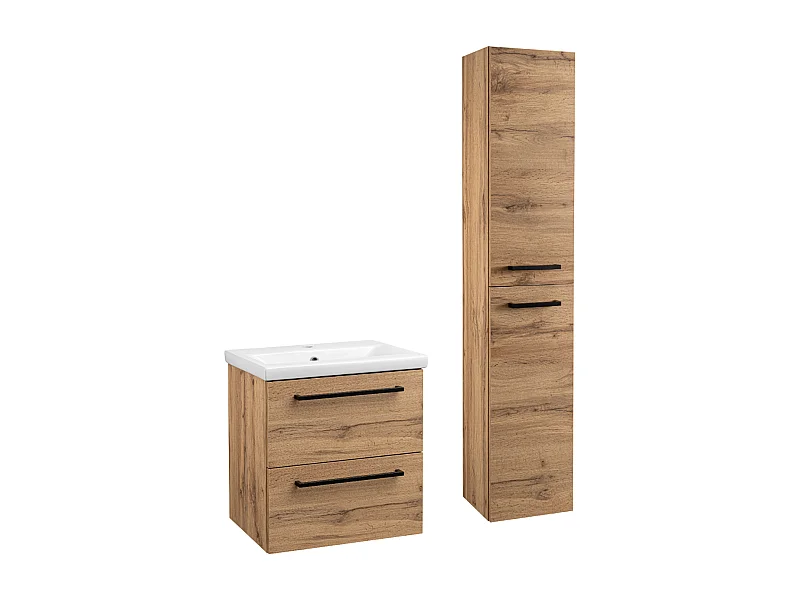 Ensemble pour salle de bain 50 cm Meuble avec lavabo Colonne haute Chêne Wotan Aster