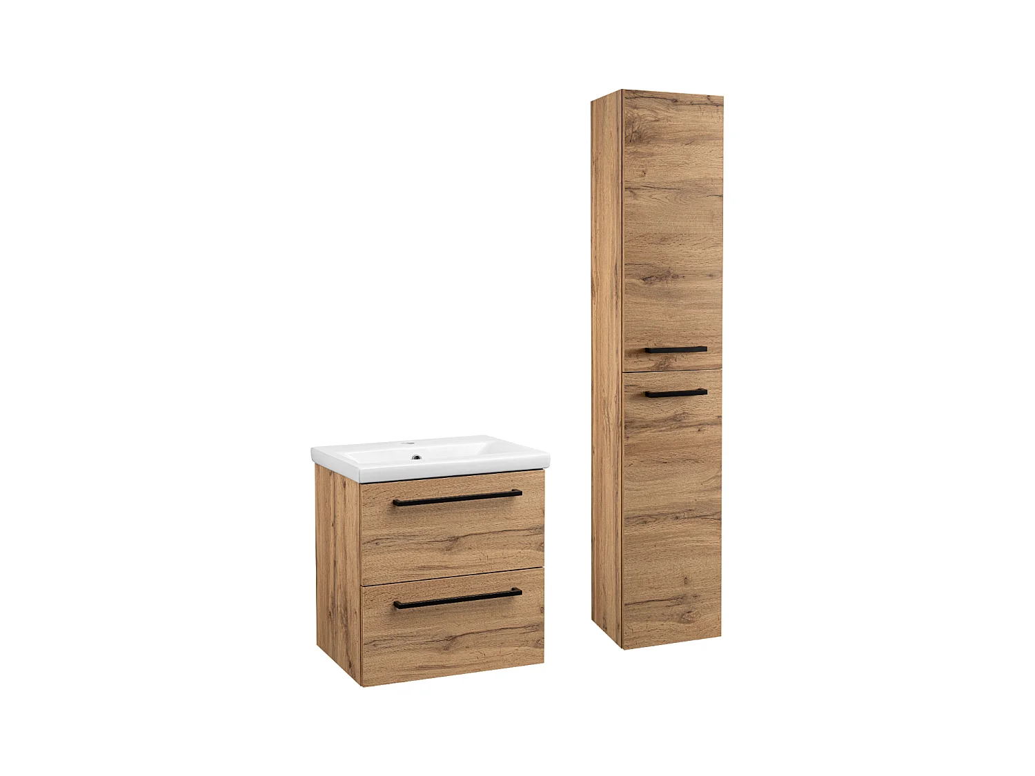 Ensemble pour salle de bain 50 cm Meuble avec lavabo Colonne haute Chêne Wotan Aster