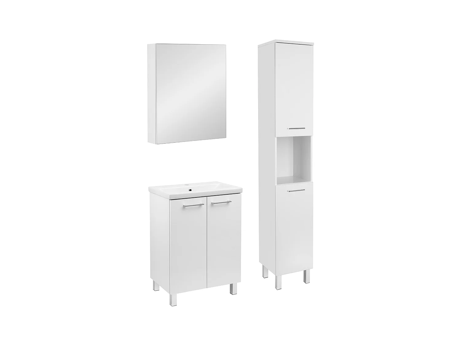 Weißes Badezimmer-Set, stehend, 60 cm, Schrank mit Waschbecken, Hochschrank, Spiegelschrank