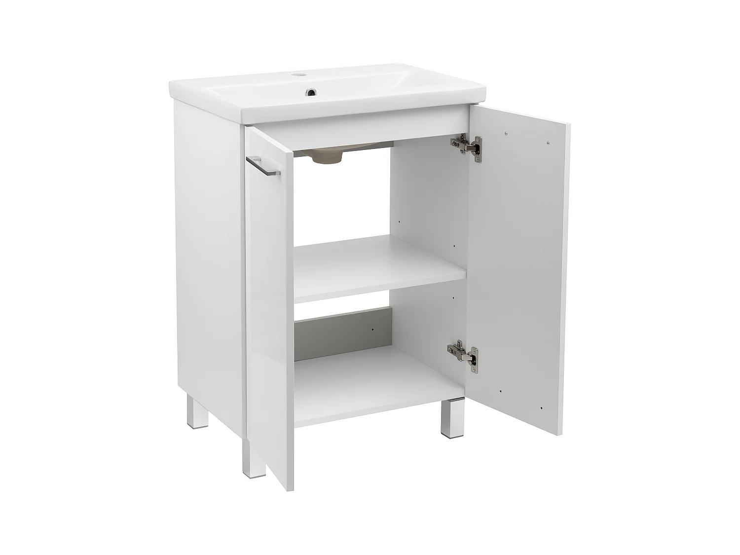 Weißes Badezimmer-Set, stehend, 60 cm, Schrank mit Waschbecken, Hochschrank, Spiegelschrank