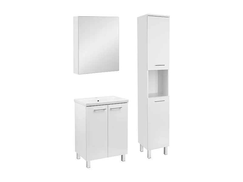 Weißes Badezimmer-Set, stehend, 60 cm, Schrank mit Waschbecken, Hochschrank, Spiegelschrank