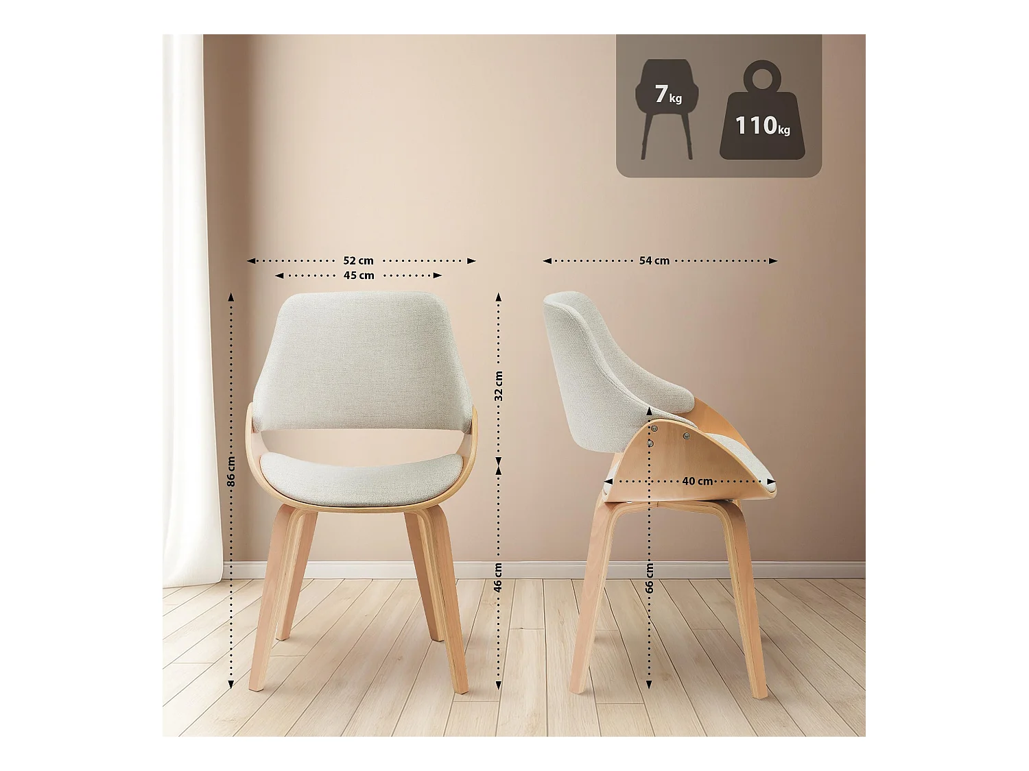 Lot de 2  chaise salle à manger - Tissu - Nature / Crème - Vangale