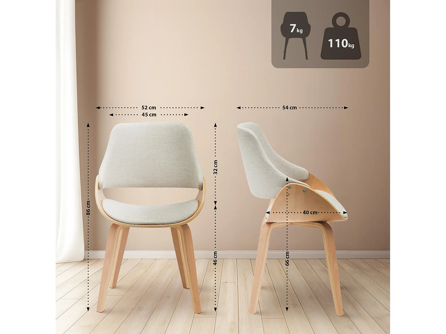 Lot de 2  chaise salle à manger - Tissu - Nature / Crème - Vangale