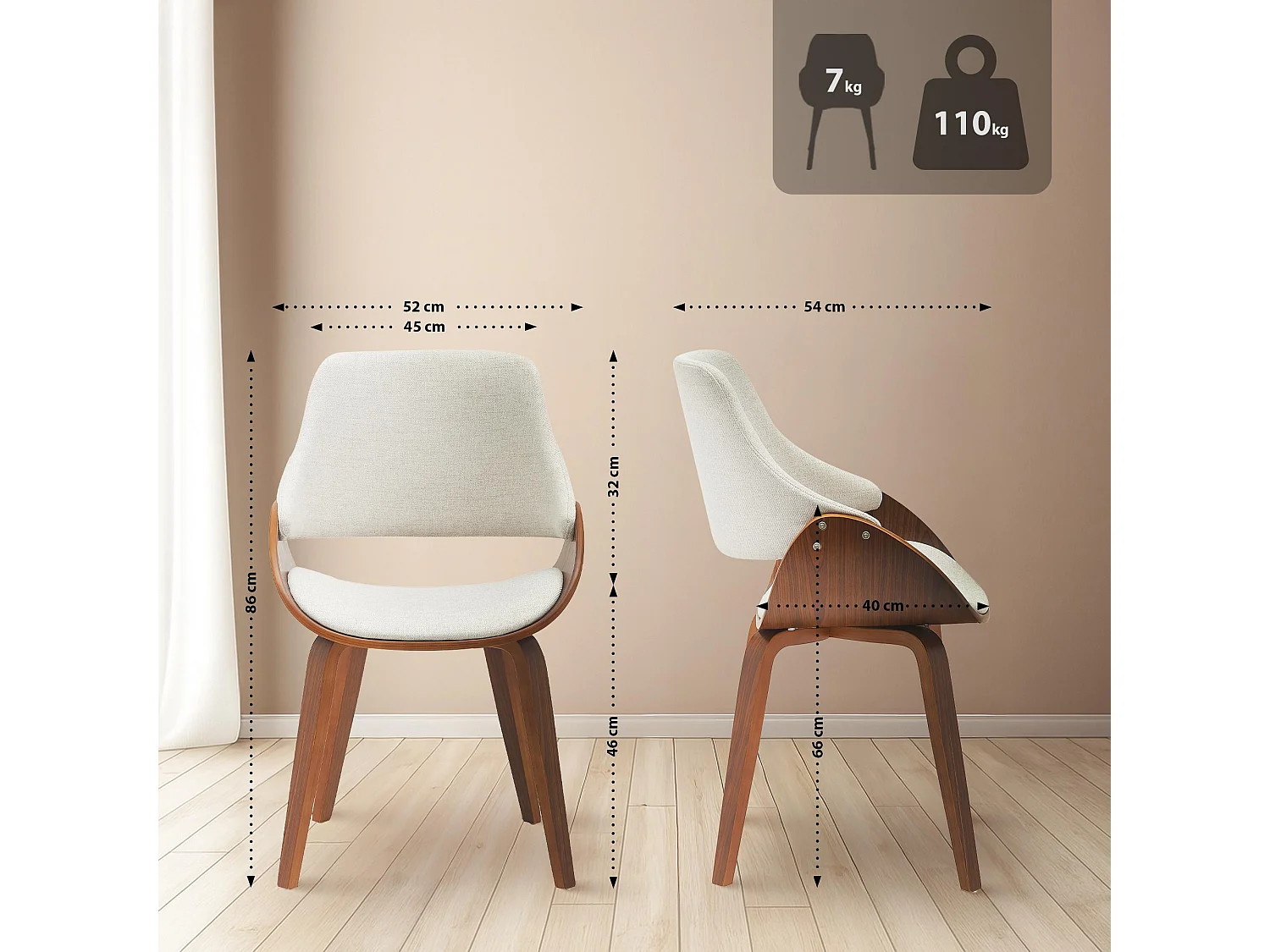 Lot de 2  chaise salle à manger - Tissu - Noyer / Crème - Vangale