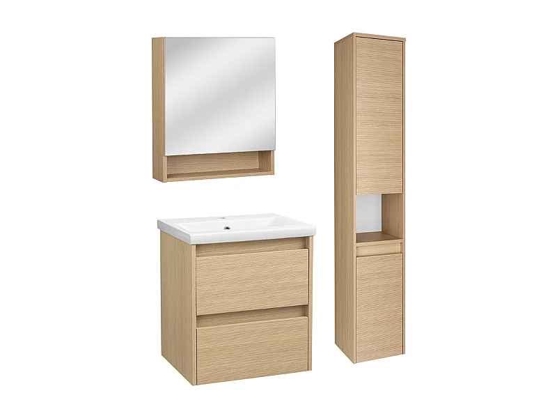 Badezimmer-Set 50 cm Schrank mit Waschbecken Hochschrank Spiegelschrank Geriffelte Fronten Aria