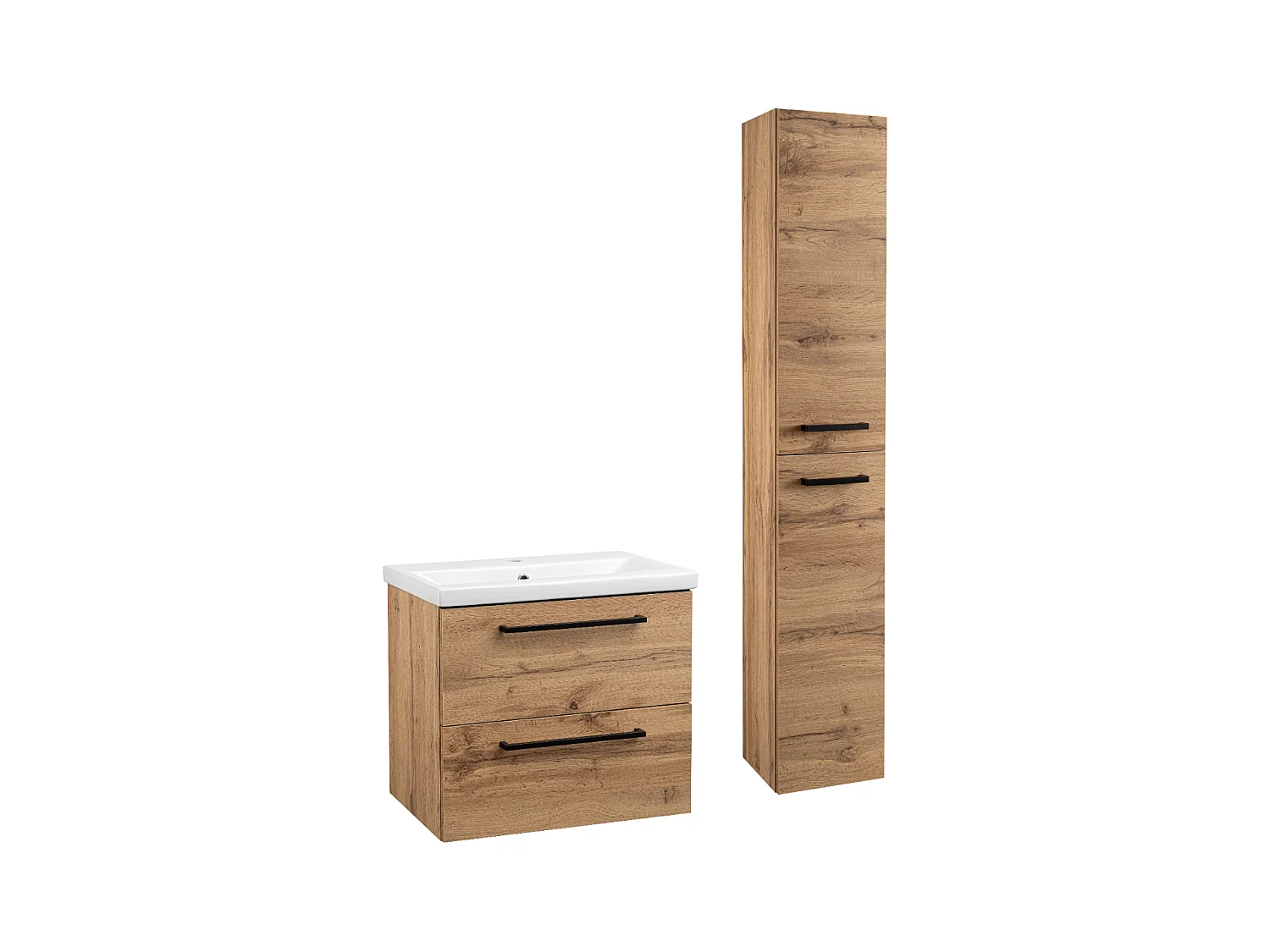 Ensemble pour salle de bain 60 cm Meuble avec lavabo Colonne haute Chêne Wotan Aster