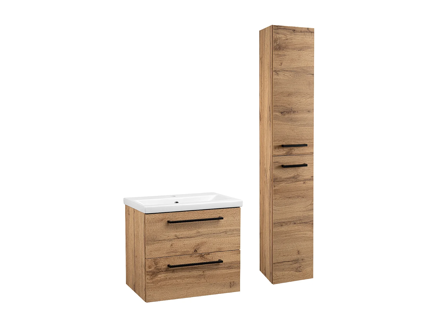 Ensemble pour salle de bain 60 cm Meuble avec lavabo Colonne haute Chêne Wotan Aster