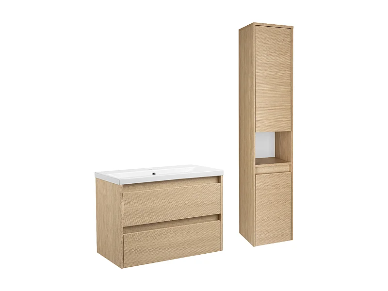 Ensemble pour salle de bain 80 cm Meuble avec lavabo Colonne Façades rainurées Aria