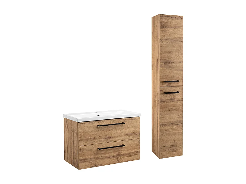 Ensemble pour salle de bain 80 cm Meuble avec lavabo Colonne haute Chêne Wotan Aster