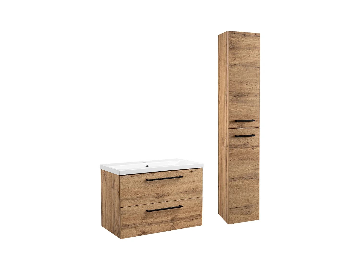 Ensemble pour salle de bain 80 cm Meuble avec lavabo Colonne haute Chêne Wotan Aster