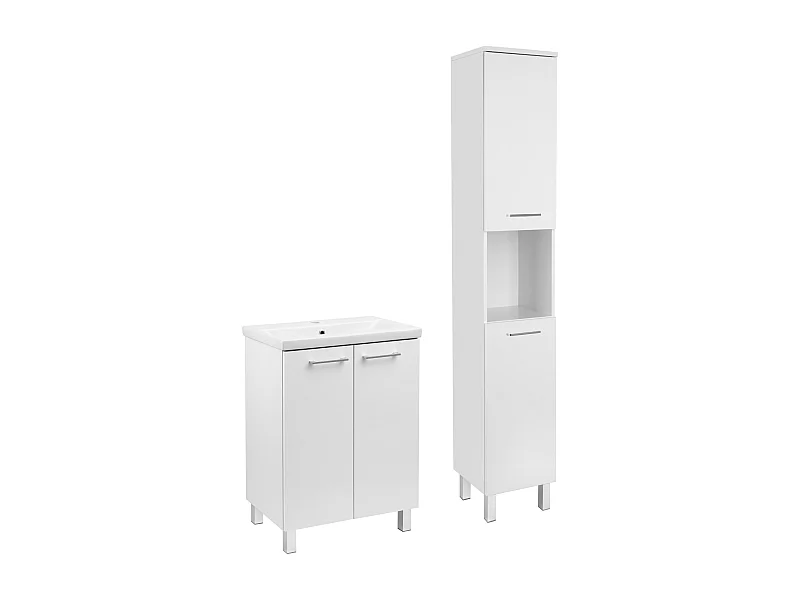 Weißes Badezimmer-Set, Standmodell, 60 cm, Schrank mit Waschbecken, Hochschrank