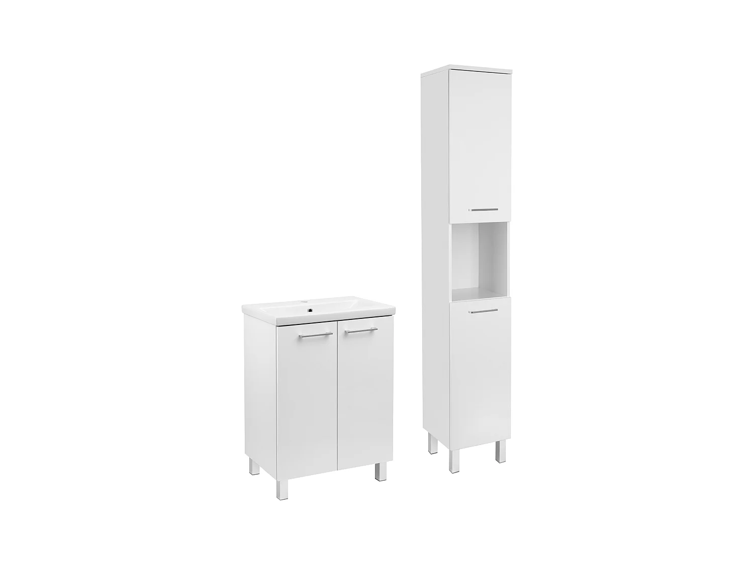 Weißes Badezimmer-Set, Standmodell, 60 cm, Schrank mit Waschbecken, Hochschrank