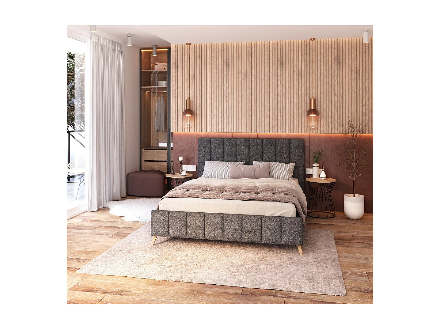 Lit FRESCA 140 x 200 cm - Tissu Bouclette Gris Foncé