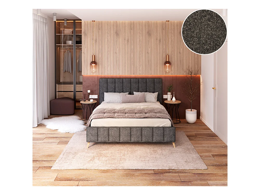 Lit FRESCA 140 x 200 cm - Tissu Bouclette Gris Foncé