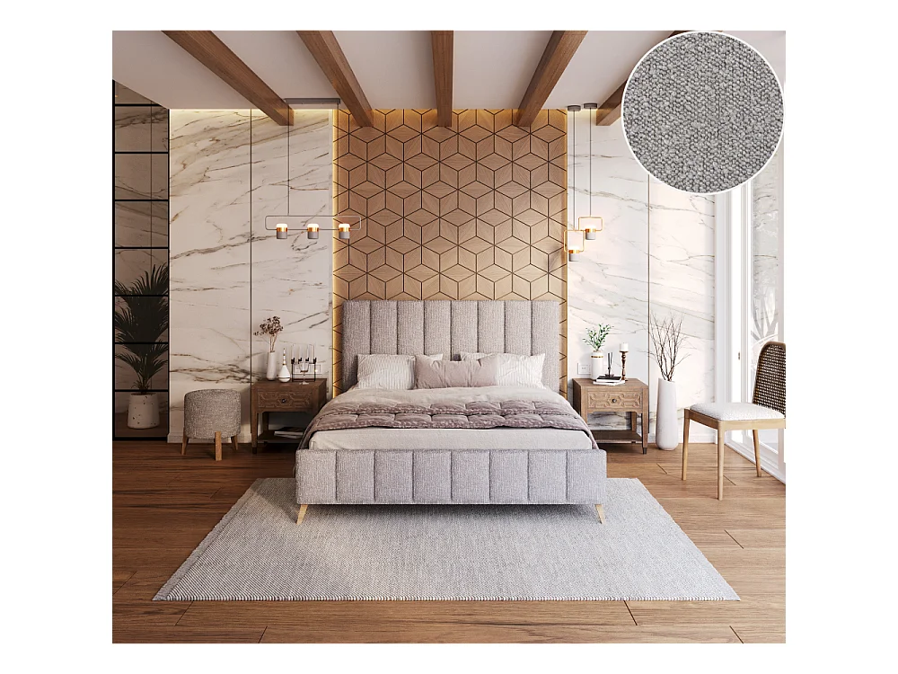 Lit FRESCA 140 x 200 cm - Tissu Bouclette Gris Clair