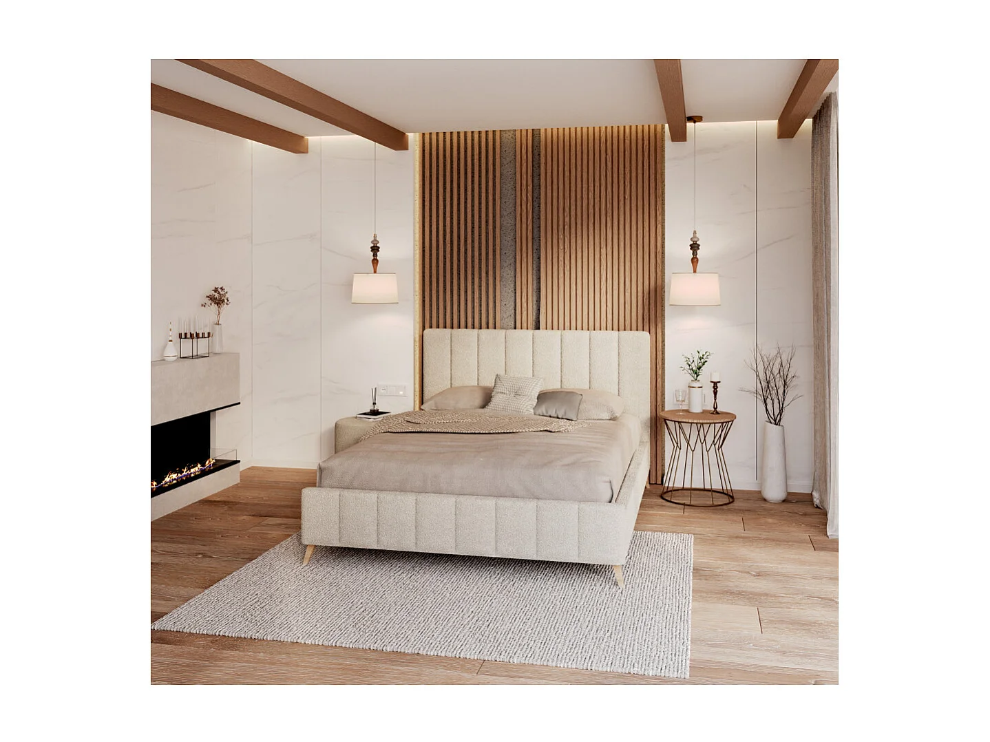 Lit FRESCA 140 x 200 cm - Tissu Bouclette Beige