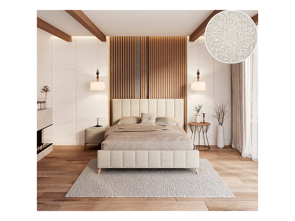 Lit FRESCA 140 x 200 cm - Tissu Bouclette Beige
