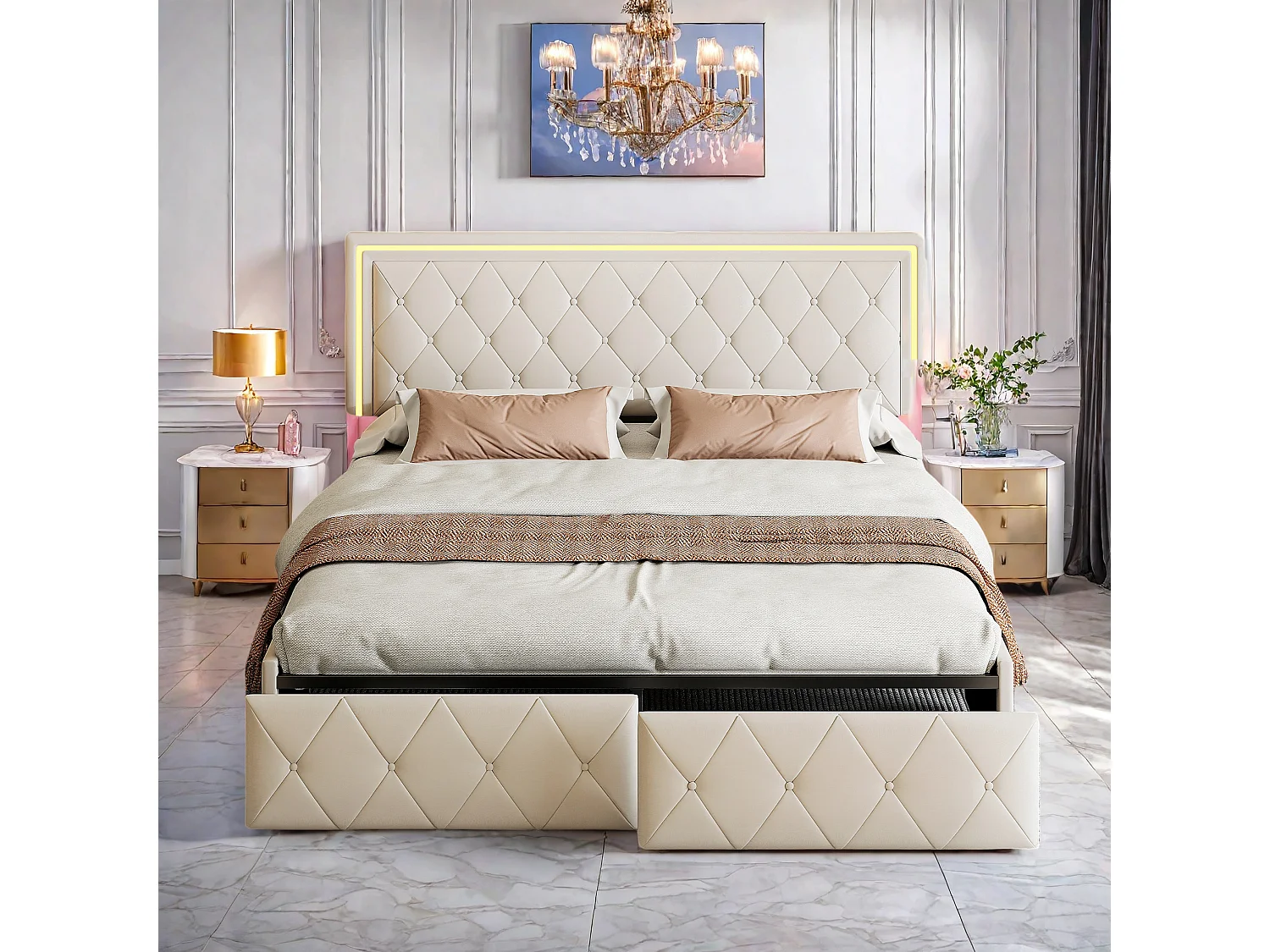 Cama de matrimonio tapizada 160x200 cm color blanco roto, con LED, cabecero regulable, 4 cajones y arcón, somier de láminas incluido