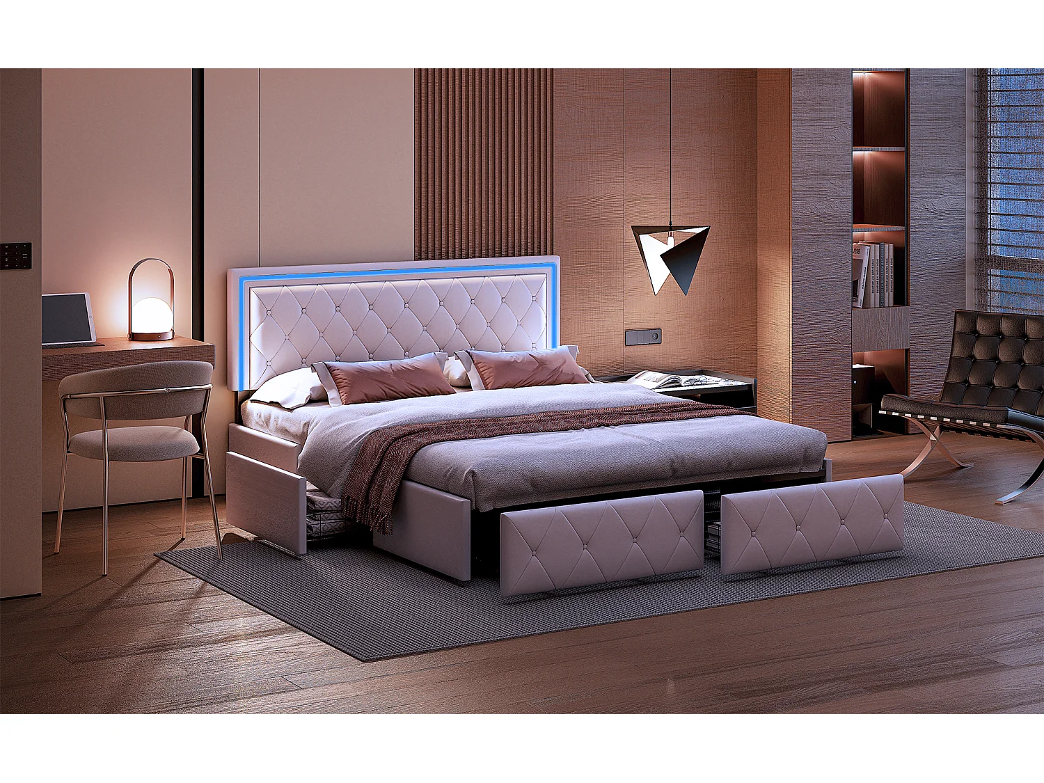 Cama de matrimonio tapizada 160x200 cm color blanco roto, con LED, cabecero regulable, 4 cajones y arcón, somier de láminas incluido