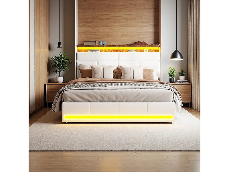 Cama tapizada blanca 160x200 cm en PU, con LED y puertos USB, base de apertura hidráulica, gran espacio de almacenaje (sin colchón)