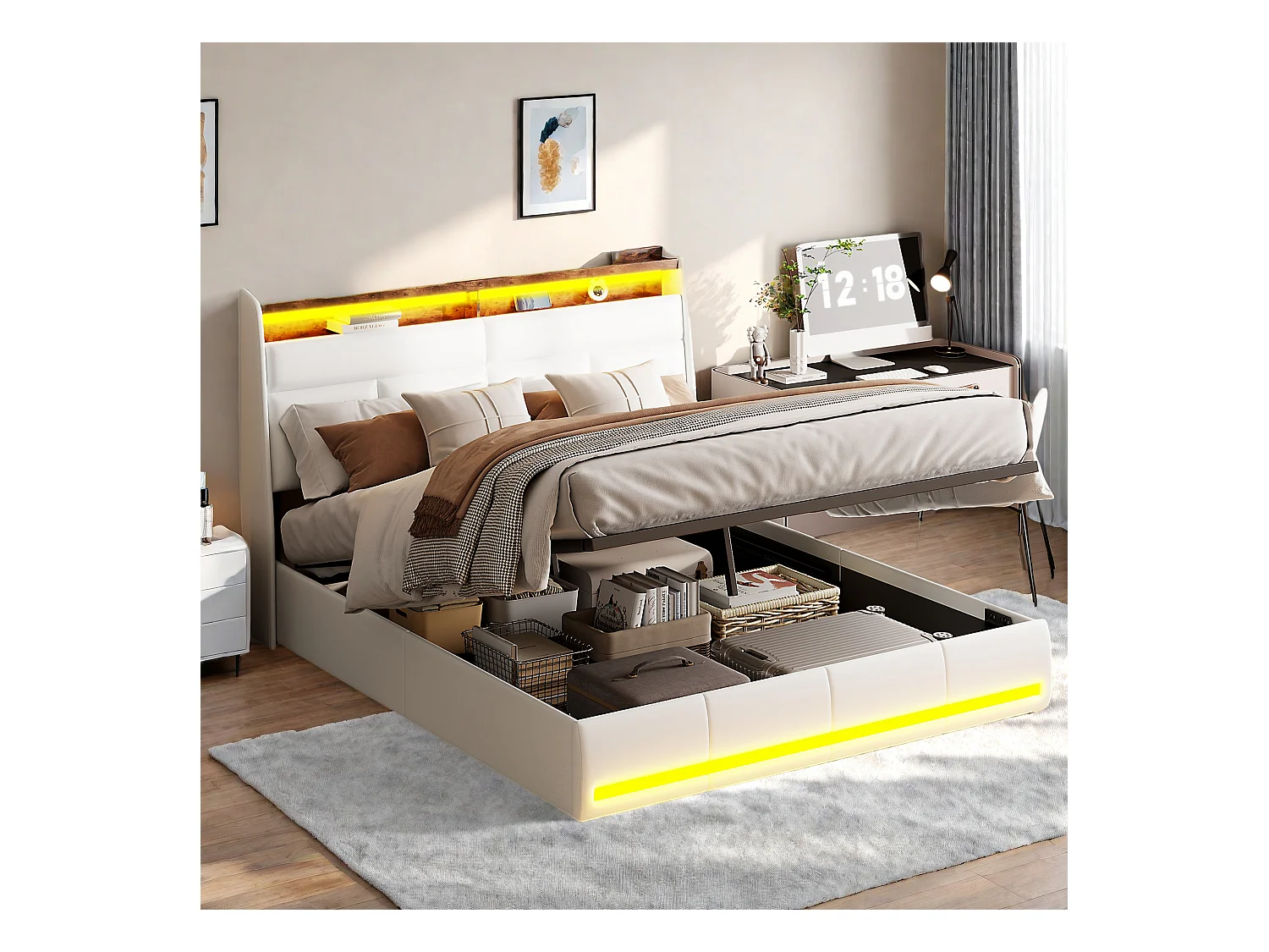 Letto imbottito bianco 160x200 cm in PU, con LED e porte USB, rete ad apertura idraulica, ampio spazio contenitivo (senza materasso)