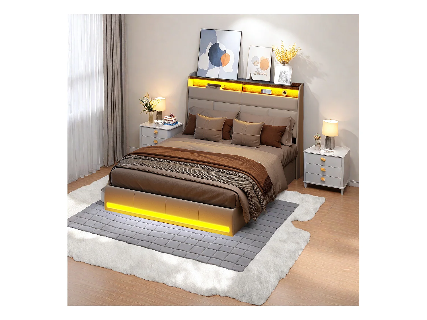 Letto imbottito bianco 160x200 cm in PU, con LED e porte USB, rete ad apertura idraulica, ampio spazio contenitivo (senza materasso)