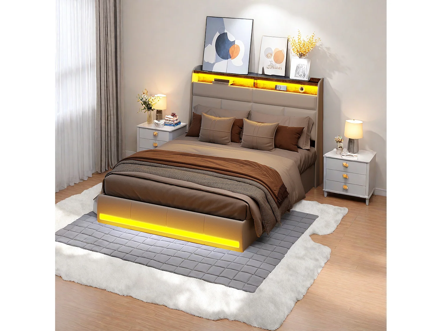 Lit tapissé blanc 160x200 cm en PU, avec LED et ports USB, sommier à ouverture hydraulique, grand espace de rangement (sans matelas)
