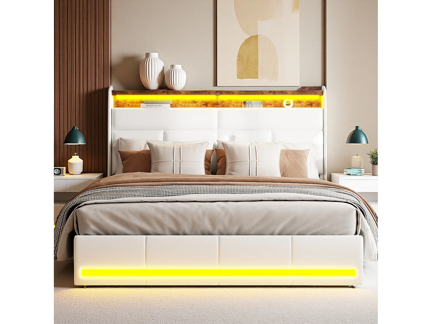 Lit tapissé blanc 160x200 cm en PU, avec LED et ports USB, sommier à ouverture hydraulique, grand espace de rangement (sans matelas)