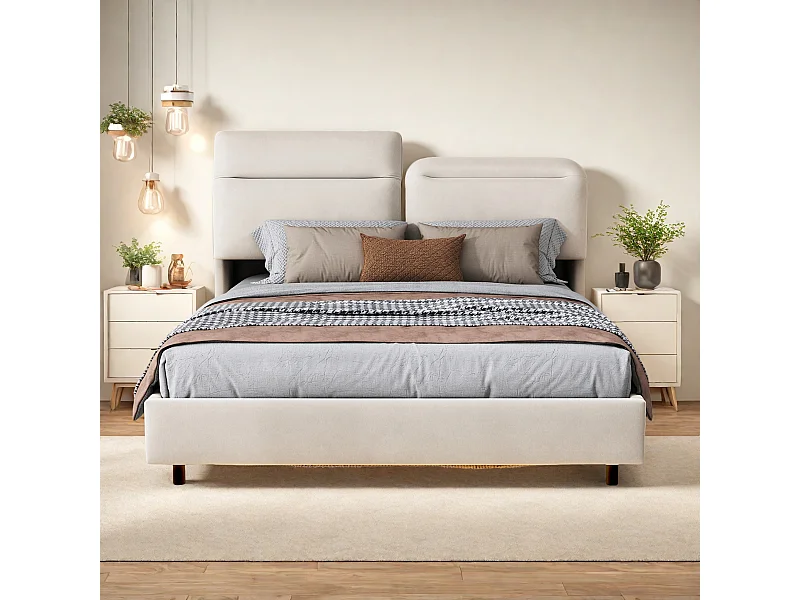 Tweepersoonsbed in gebroken wit, 140 x 200 cm, met ledverlichting, met opklapbaar hoofdeinde, opbergvak, hydraulisch, in fluweel, zonder matras