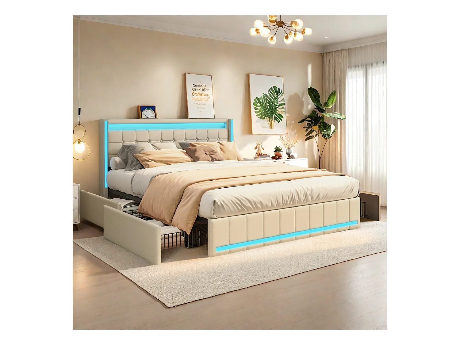 Lit Double 140x190cm avec Éclairage LED et Charge USB,lit 2 Personnes avec 4 Tiroirs,Lit de Tiroir Facile à Assembler,Lin,sans Matelas, Beige