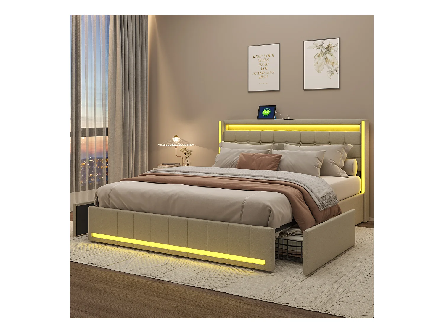Letto matrimoniale 140x190 cm beige, con 4 cassetti, LED, ricarica USB, facile da montare, in lino, senza materasso